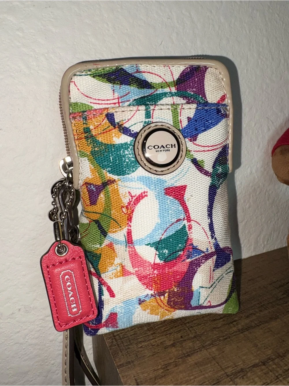 COACH Poppy Graffiti Multicolor Signature Canvas Wristlet Phone Case Camera Bag